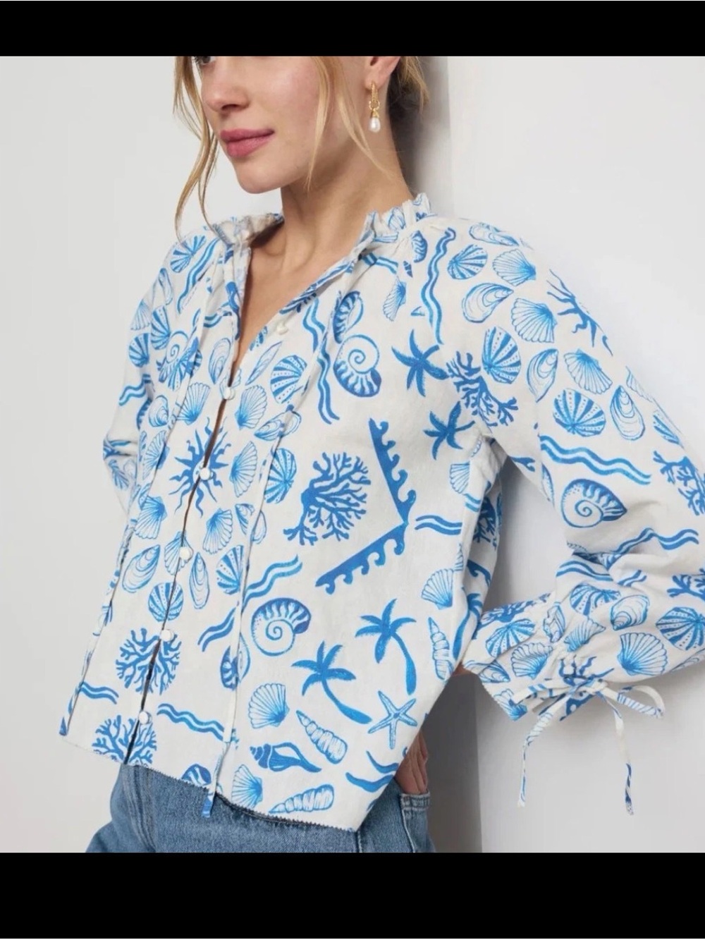 Saylor Svetlanna Top Shell Print Linen Blend Peasant Blouse